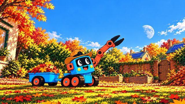 Trick-E im herbstlichen Garten, sein Anhänger voller Laub.