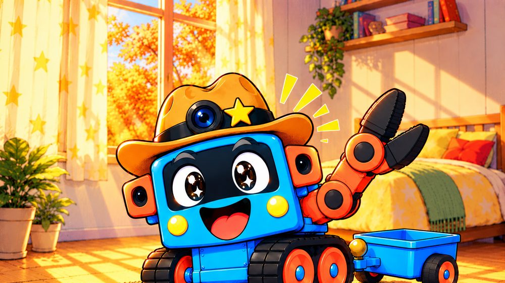 Trick-E, den ægte cowboyrobot, vinker hej med sin store koralrøde arm.