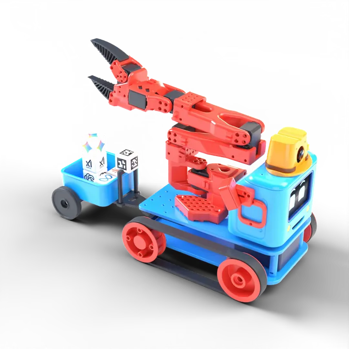 光るキューブをトレーラーに積みこむ、本物のロボットTrick-E。