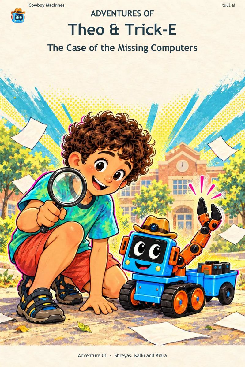 Cover of Adventures of Theo and Trick-E: The Case of the Missing Computers. Theo peers through a magnifying glass, Trick-E beside him.
