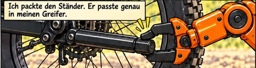 Comic-Panel: Trick-Es orangefarbener Kranarm schließt seinen Greifer um den Fahrradständer. Text: Ich packte den Ständer. Er passte genau in meinen Greifer.
