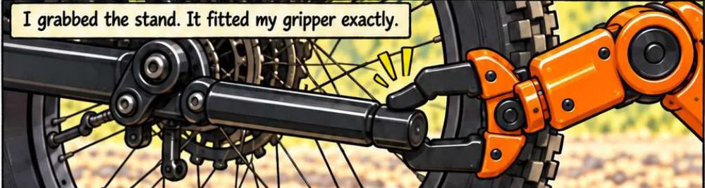 Comic panel: Trick-E's orange crane arm closes its gripper around the bike stand. Caption: I grabbed the stand. It fitted my gripper exactly.