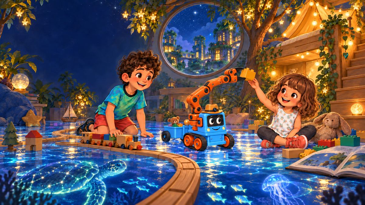 A painted playroom at night: Theo and his little sister Dani play on a glowing floor while Trick-E, a small blue robot truck in a cowboy hat, lifts a toy block with his crane arm.