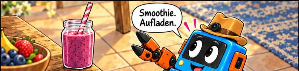 Comic-Panel: Trick-E beäugt ein Glas Beeren-Smoothie auf dem Frühstückstisch. Sprechblase: Smoothie. Aufladen.