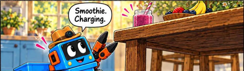 Comic panel: Trick-E eyes a jar of berry smoothie on the breakfast table. Speech bubble: Smoothie. Charging.