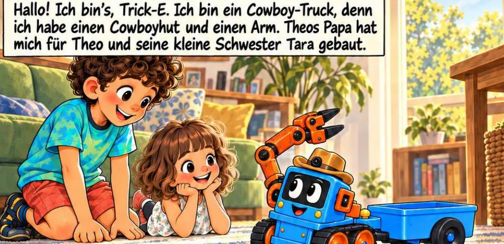 Comic-Panel: Theo und Tara knien auf dem Wohnzimmerteppich neben Trick-E. Text: Hallo! Ich bin’s, Trick-E. Ich bin ein Cowboy-Truck, denn ich habe einen Cowboyhut und einen Arm.