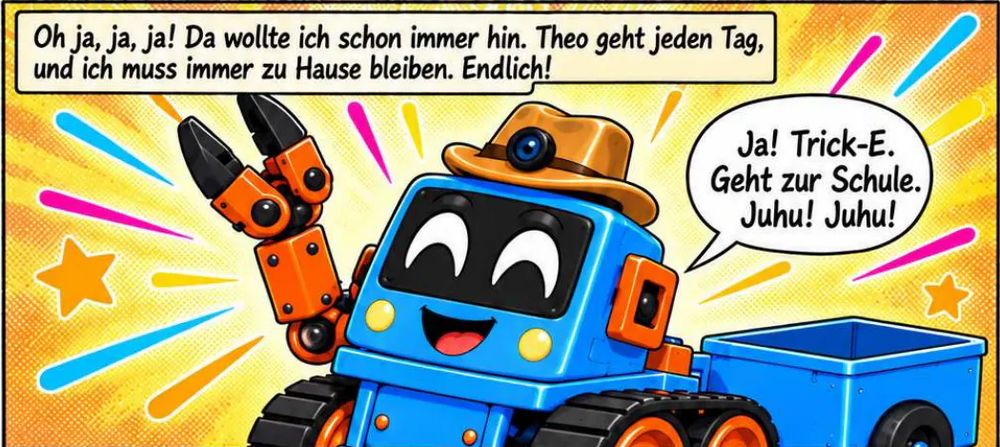 Comic-Panel: Trick-E strahlt und reckt seinen Kranarm in die Höhe. Sprechblase: Ja! Trick-E. Geht zur Schule. Juhu! Juhu!
