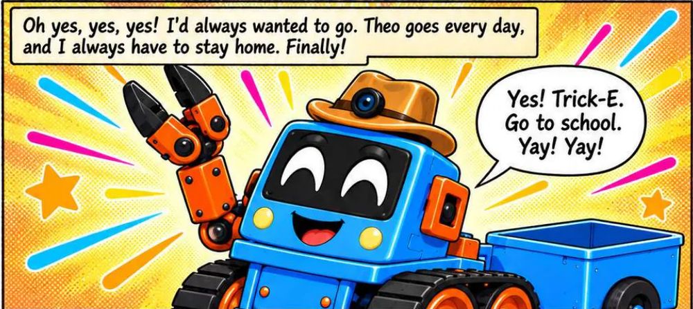 Comic panel: Trick-E, beaming, raises his crane arm. Speech bubble: Yes! Trick-E. Go to school. Yay! Yay!